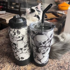 Skull Design Water Bottle and Tumbler Set - Black and White